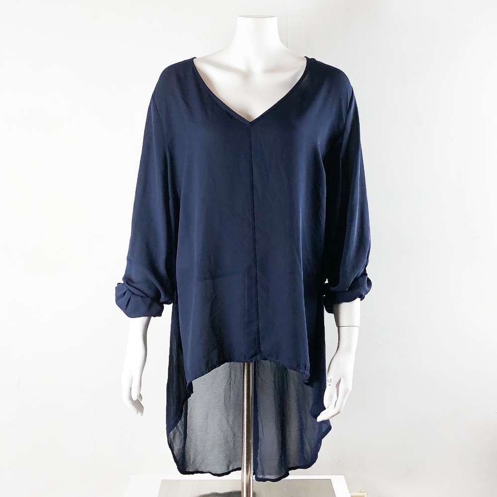 Navy Blue Split neck back hi low Blouse 2X